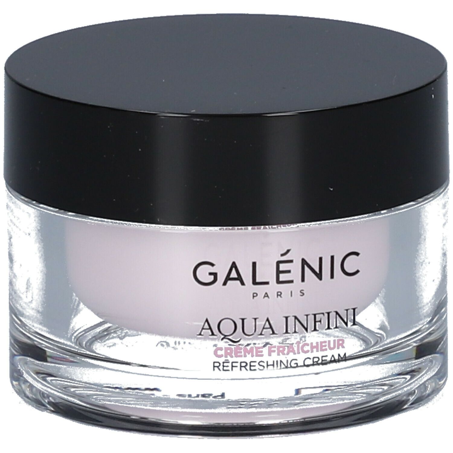 Galénic Aqua Infini Creme. Glasbehälter mit schwarzem Deckel. Rosa Creme sichtbar. Schriftzug: Galénic, Aqua Infini, Crème Fraîcheur.