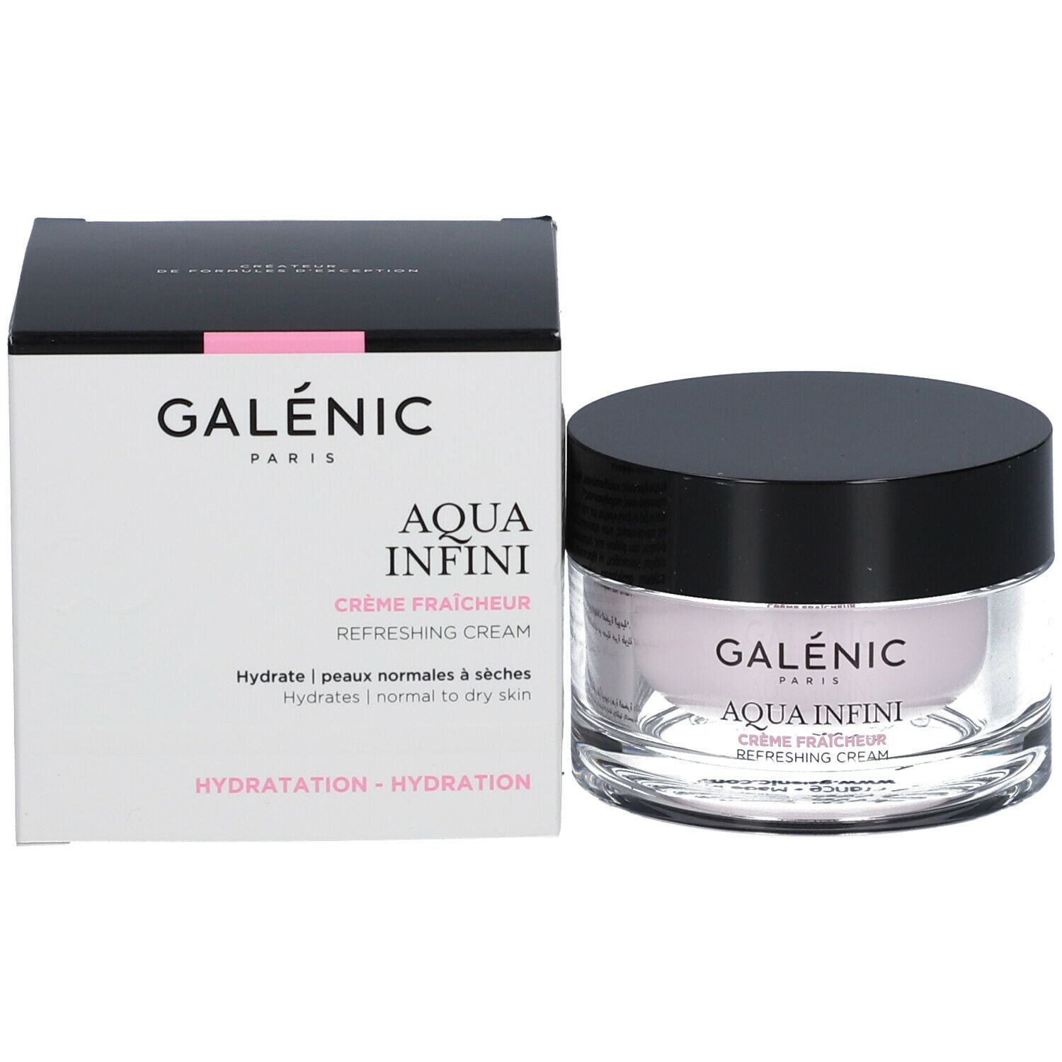 Galénic Aqua Infini Creme und Verpackung. Creme im Glasbehälter mit schwarzem Deckel. Rosa Creme sichtbar. Schriftzug: Galénic.