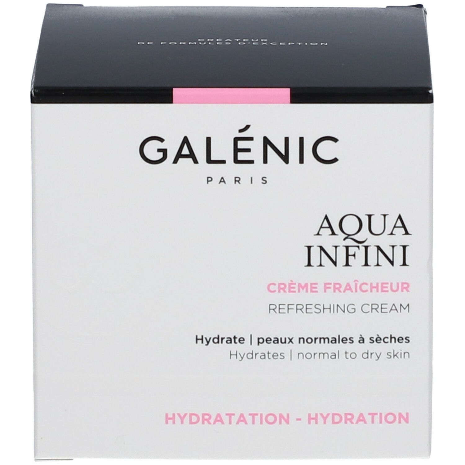Verpackung der Galénic Aqua Infini Creme. Schriftzug: Galénic, Aqua Infini, Crème Fraîcheur. Hydratation - Hydratation.
