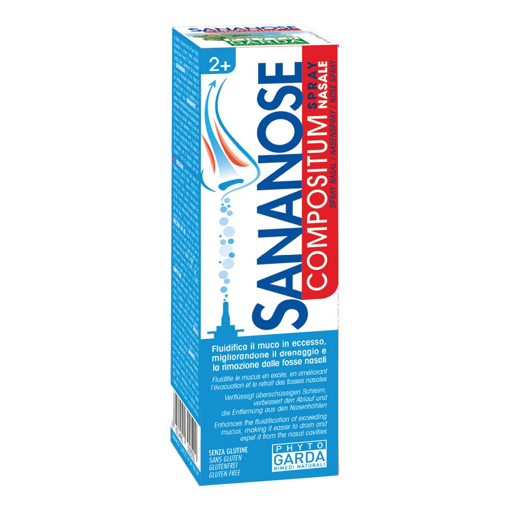Sananose Compositum Spray Nasale. Confezione blu e bianca. Nome del prodotto e logo visibili. Età consigliata: 2+.