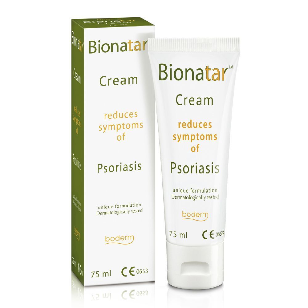 Tubo e scatola di crema. Scritta: Bionatar Cream, riduce i sintomi della psoriasi. 75 ml. Dermatologicamente testato.