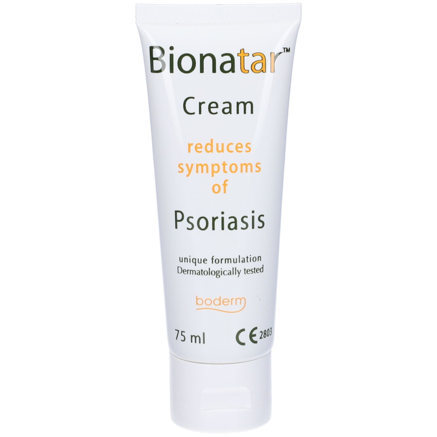 Tubo bianco con scritta: Bionatar Cream, riduce i sintomi della psoriasi. 75 ml. Dermatologicamente testato. CE.