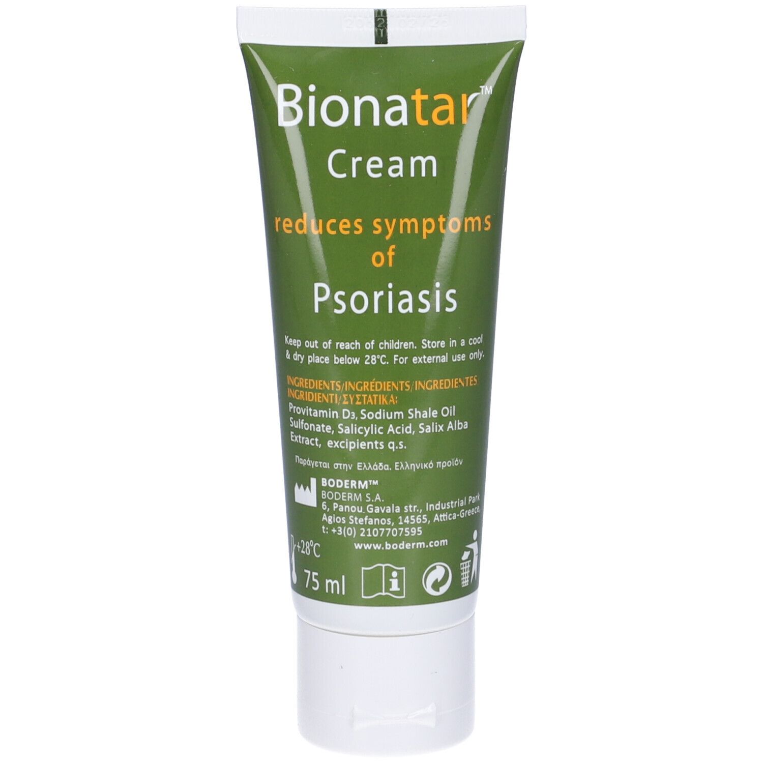 Tubo verde con scritta: Bionatar Cream, riduce i sintomi della psoriasi. Ingredienti. 75 ml. Marchio CE.