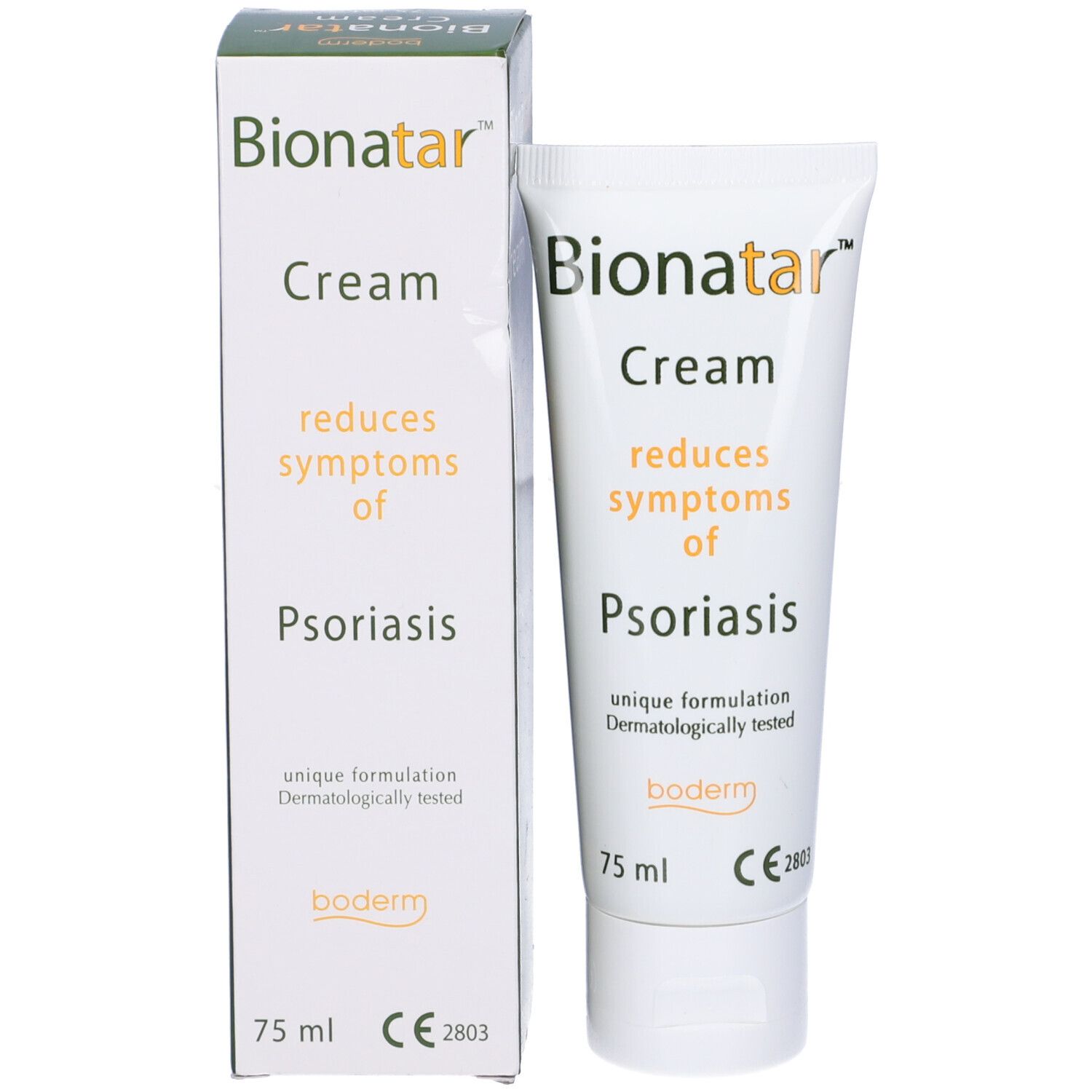 Tubo e scatola di crema. Scritta: Bionatar Cream, riduce i sintomi della psoriasi. 75 ml. Dermatologicamente testato.