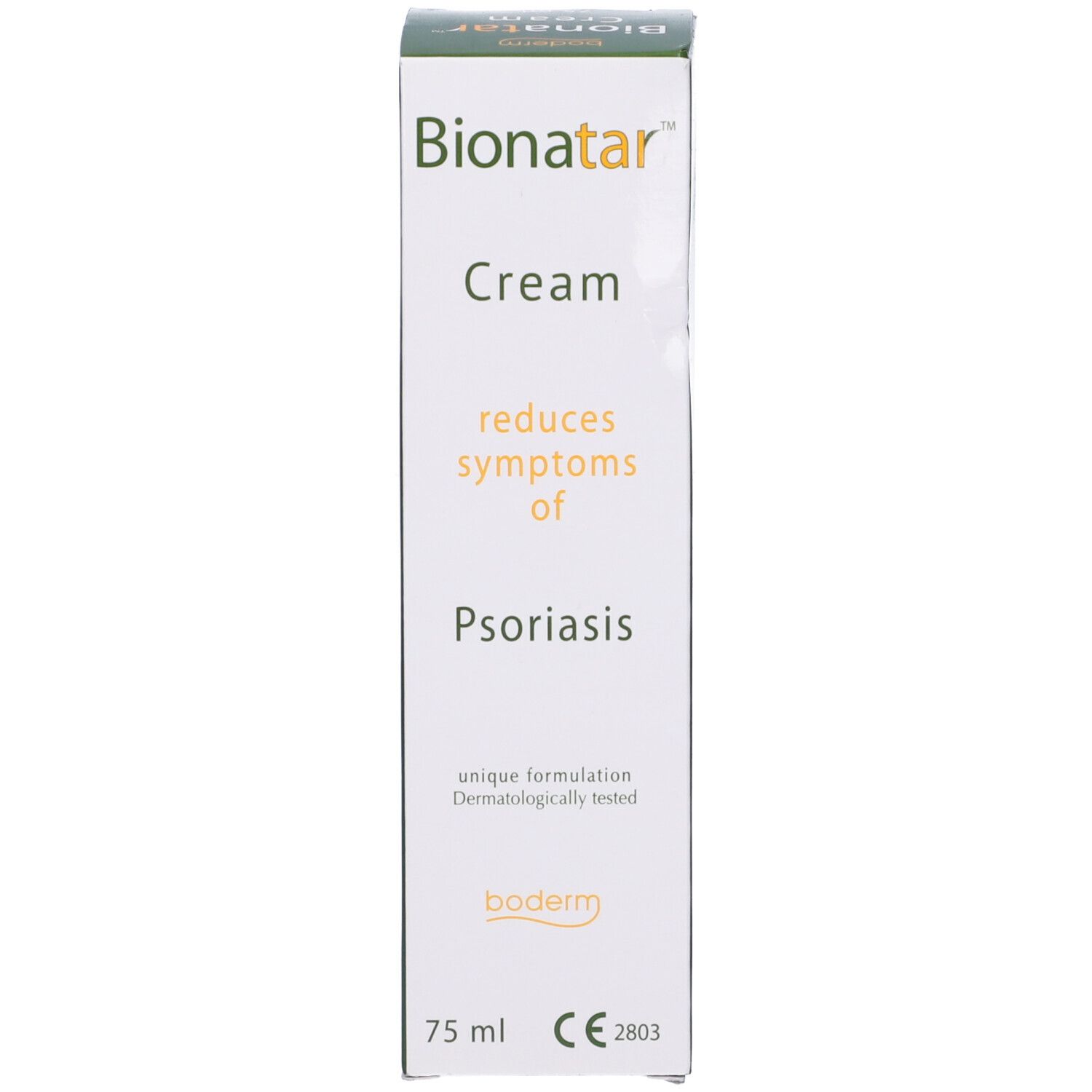 Scatola con scritta: Bionatar Cream, riduce i sintomi della psoriasi. 75 ml. Dermatologicamente testato. CE.