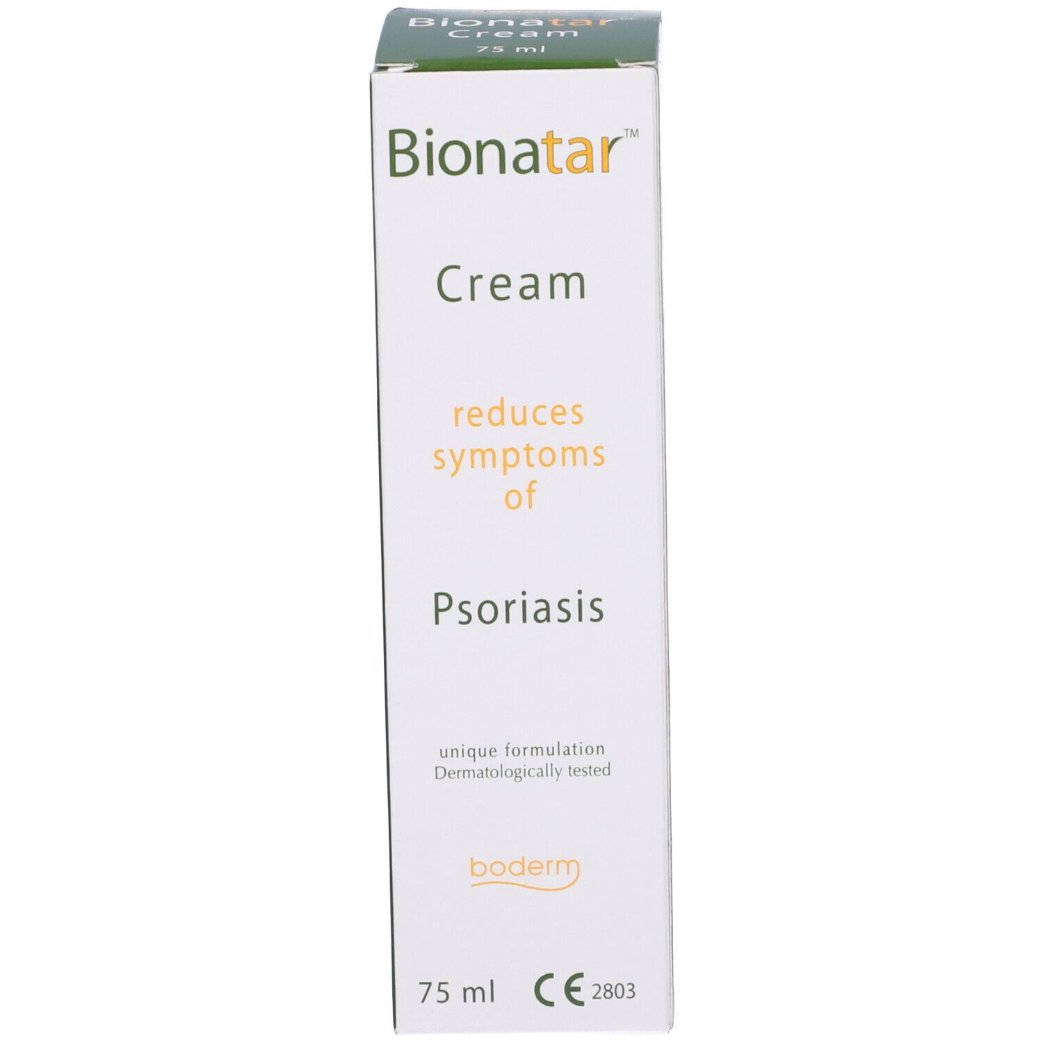 Scatola con scritta: Bionatar Cream, riduce i sintomi della psoriasi. 75 ml. Dermatologicamente testato. CE.