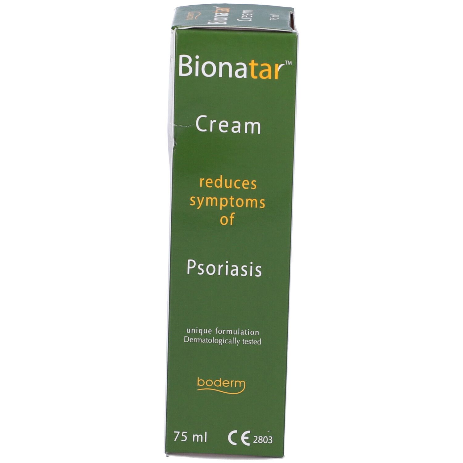 Scatola con scritta: Bionatar Cream, riduce i sintomi della psoriasi. 75 ml. Dermatologicamente testato. CE.