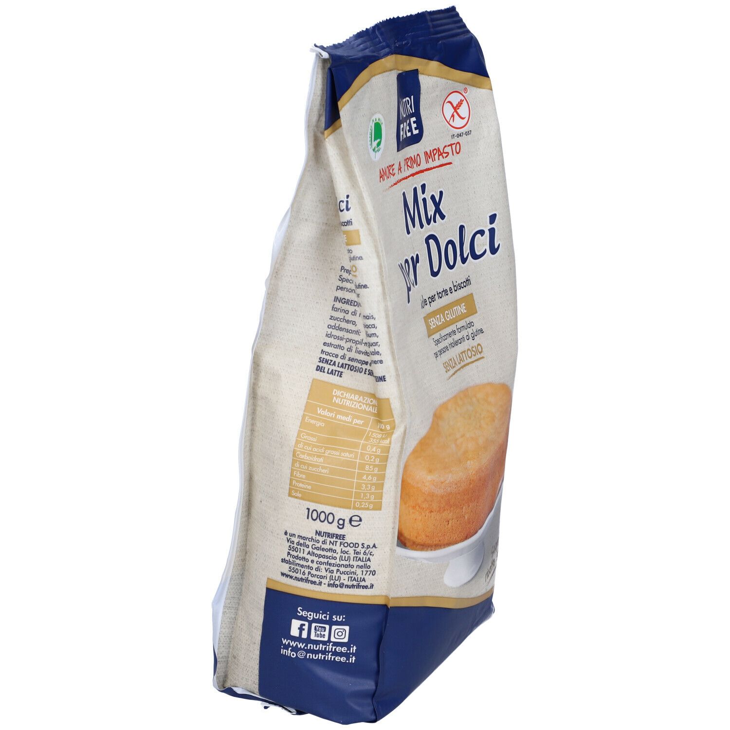 Vista laterale della confezione Mix per Dolci. Scritta: Nutrifree, Mix per Dolci, senza glutine, senza lattosio. 1000g.