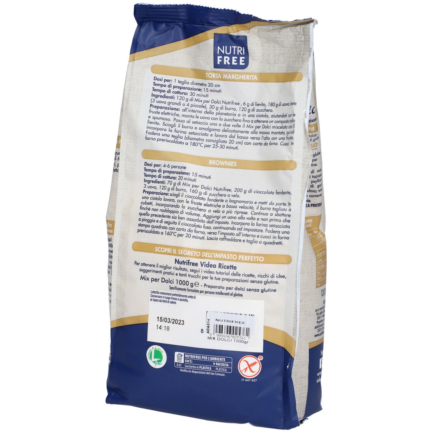 Retro della confezione Mix per Dolci. Ricette e informazioni. Scritta: Nutrifree, senza glutine. Logo: L.