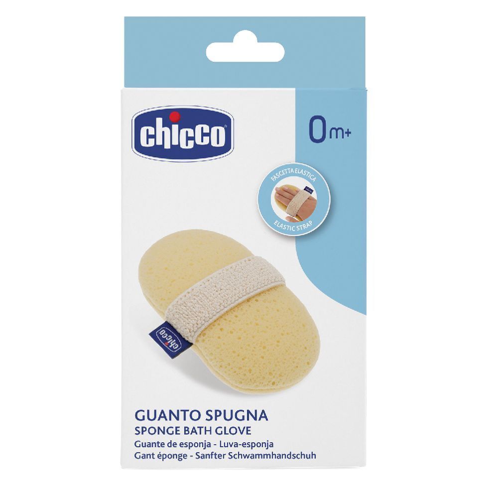 Guanto spugna Chicco Baby Moments. Spugna gialla con fascia beige. Confezione con logo e nome del prodotto.
