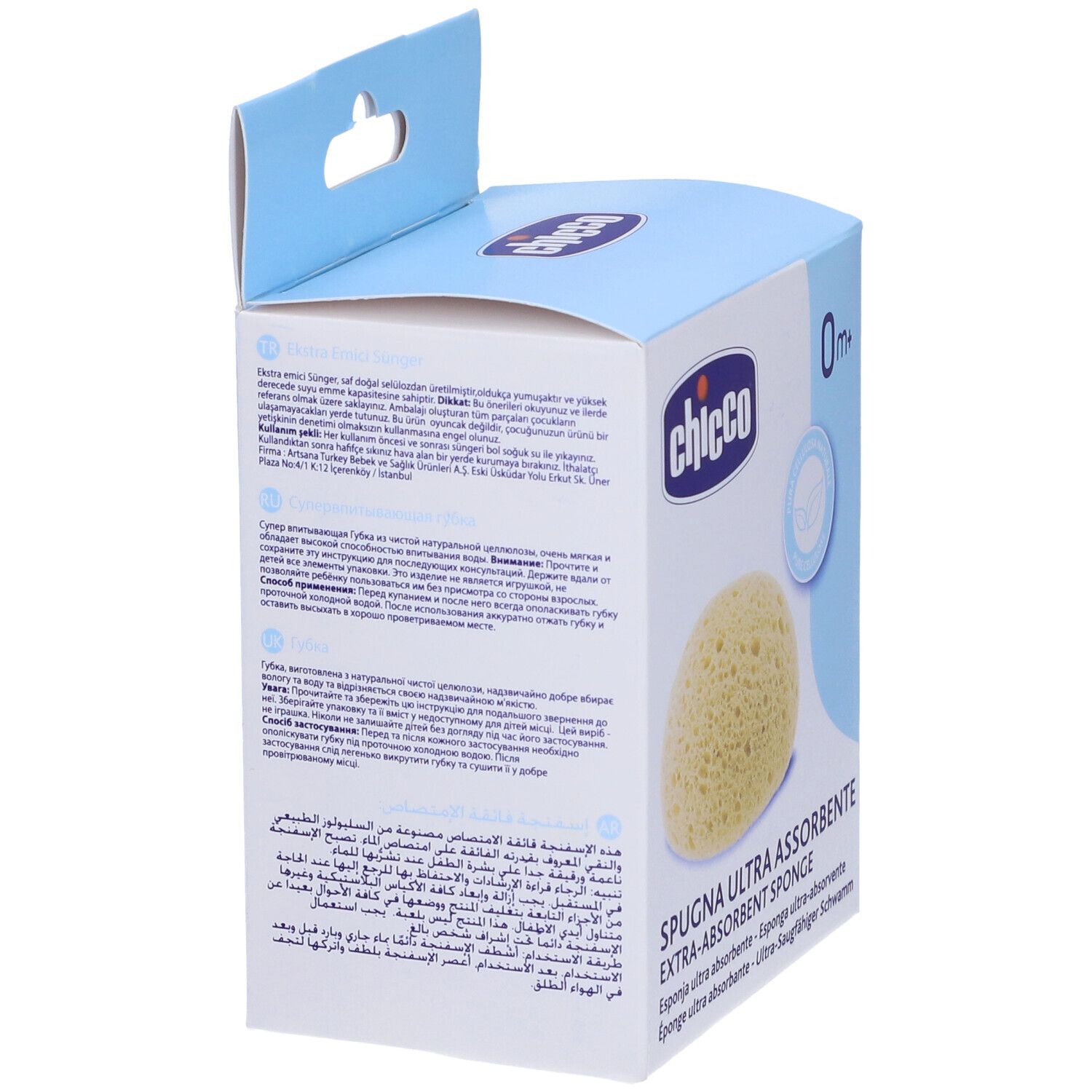 Retro della confezione Chicco® con testi multilingue. Spugna gialla visibile.