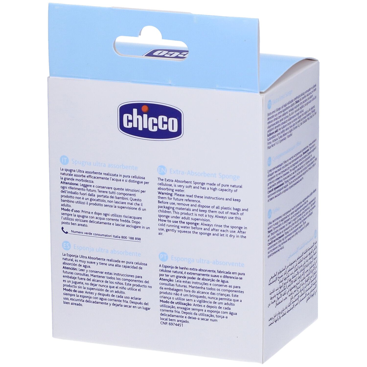 Retro della confezione Chicco® con testi multilingue. Spugna gialla visibile.