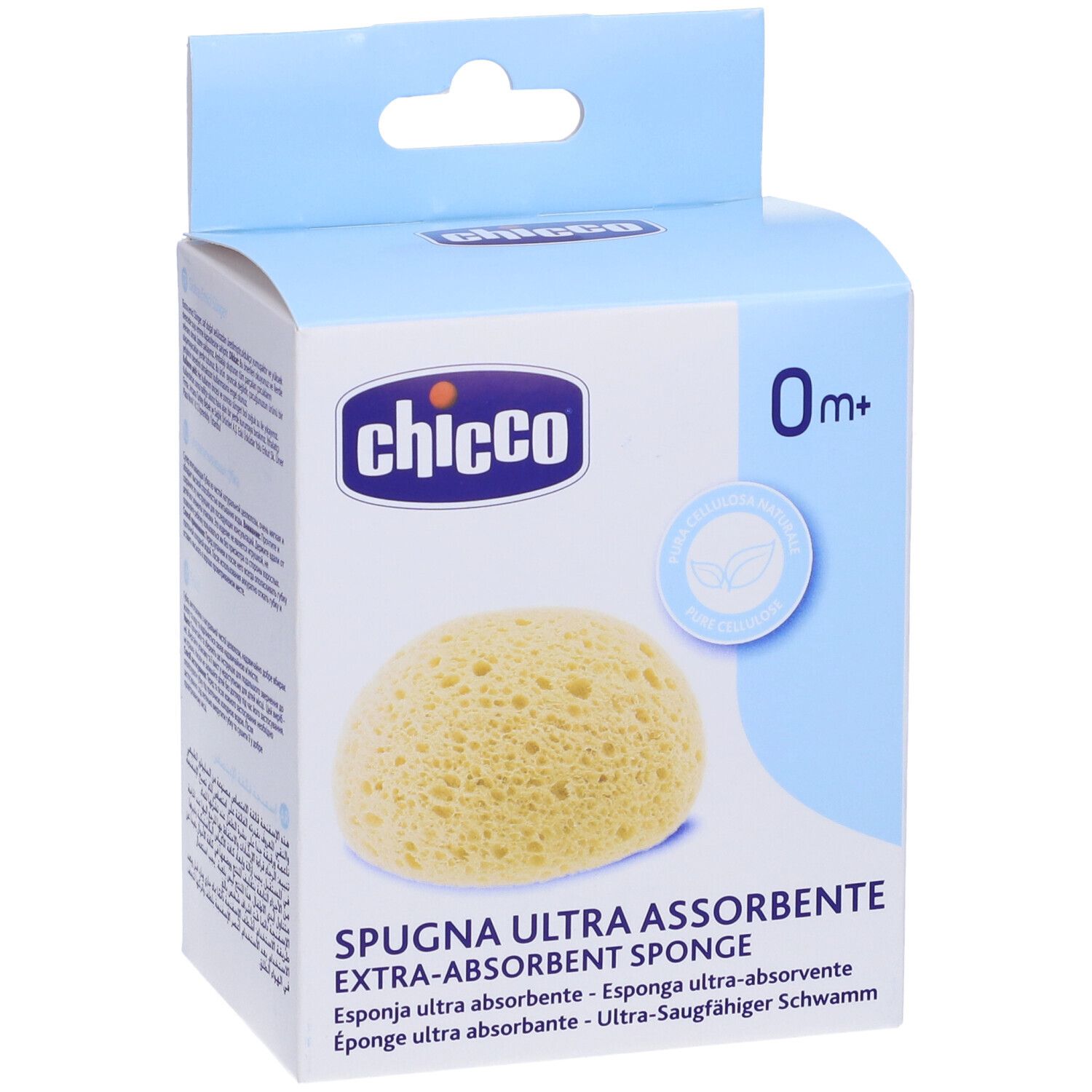 Confezione Chicco® con spugna gialla. Testo: Spugna Ultra Assorbente. Età consigliata: 0m+.