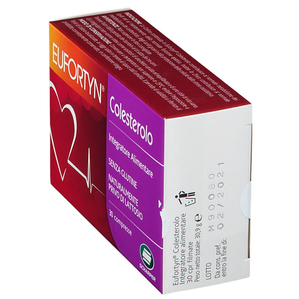 Scatola EUFORTYN® Colesterolo. Colori rosso e viola. Testo: 30 compresse, senza glutine, senza lattosio. Vista laterale con data di produzione.