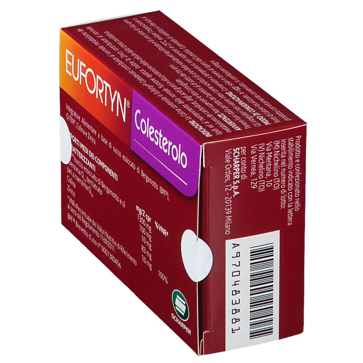 Scatola EUFORTYN® Colesterolo. Colori rosso e viola. Testo: Ingredienti, Q-TER, Colina, Zinco. Indirizzo del produttore.