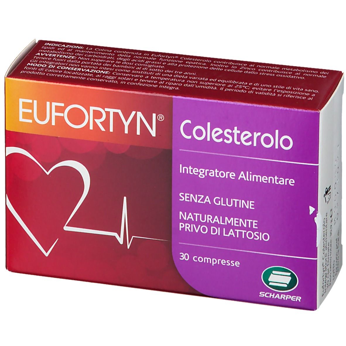 Scatola di EUFORTYN® Colesterolo. Colori rosso e viola. Simbolo di cuore ed ECG. Testo: 30 compresse, senza glutine, senza lattosio.