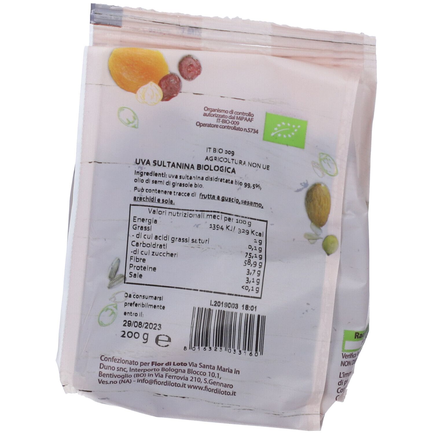 Retro confezione Uva Sultanina Bio. Testo con valori nutrizionali, ingredienti, sigillo Bio e scadenza.