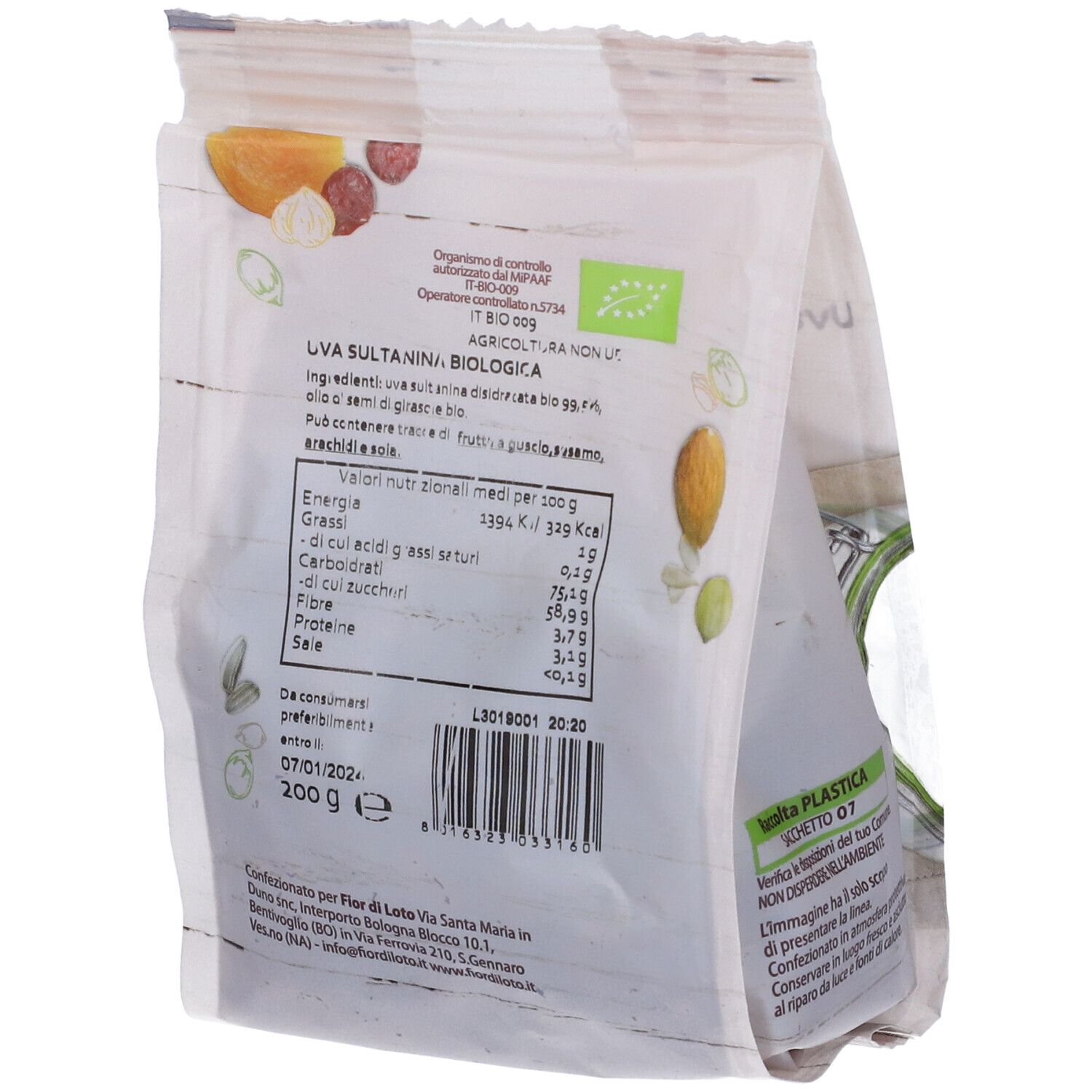 Retro confezione Uva Sultanina Bio. Testo con valori nutrizionali, ingredienti, sigillo Bio e scadenza.