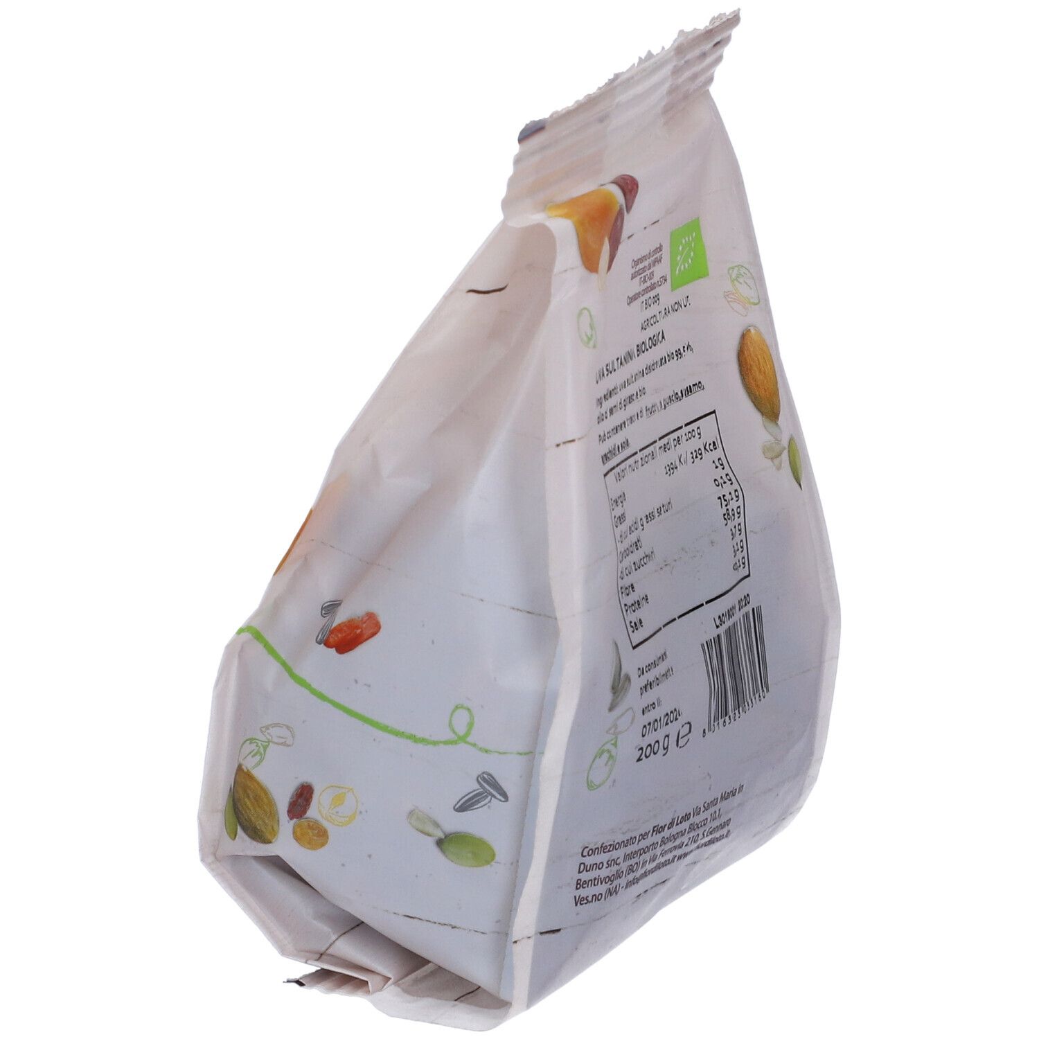 Confezione Uva Sultanina Bio. Testo con valori nutrizionali, ingredienti, sigillo Bio e scadenza.