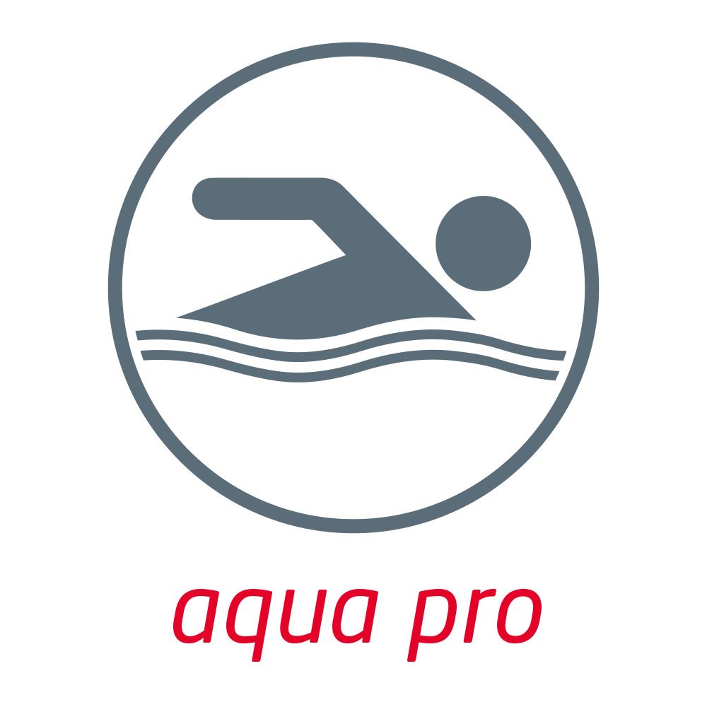 Rundes Logo mit Schwimmer im Wasser. Schriftzug aqua pro in Rot darunter.