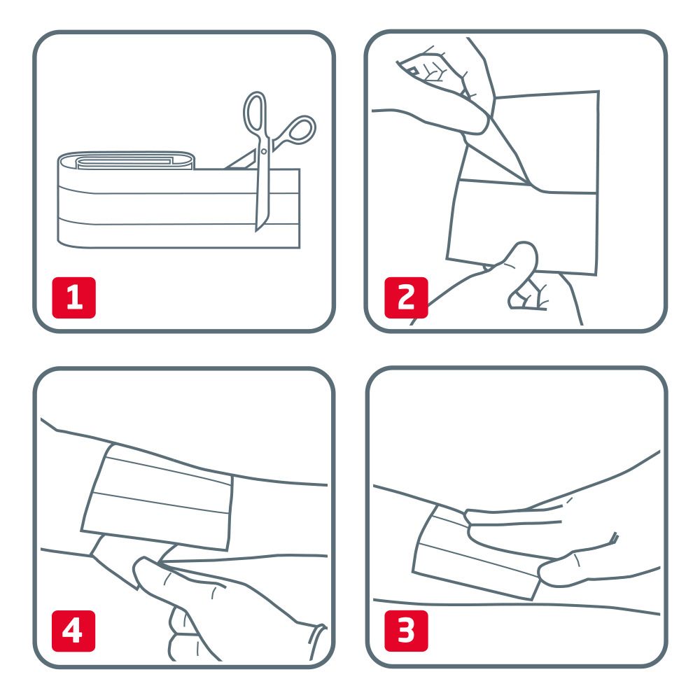 Anleitung zur Anwendung von Pflastern. 4 Schritte: Schneiden, abziehen, anbringen, andrücken. Illustrationen.