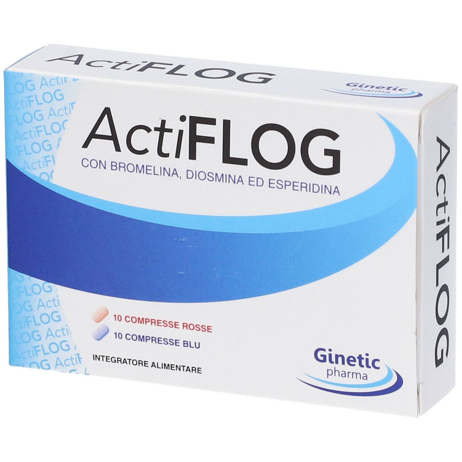 Scatola bianca con grafica blu. Scritta ActiFLOG. Contiene 10 compresse rosse e 10 blu. Logo Ginetec Pharma.
