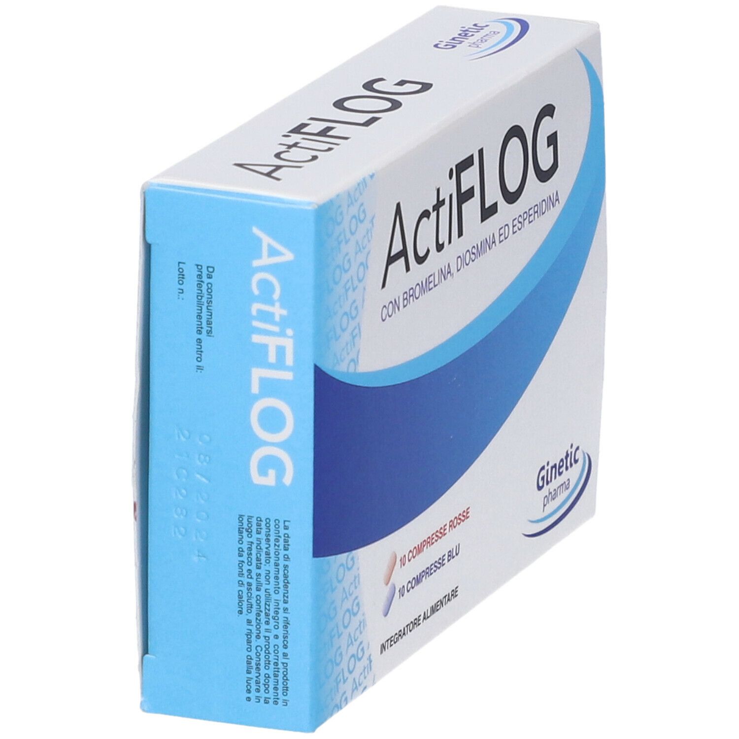 Scatola ActiFLOG, bianca con grafica blu. Contiene 10 compresse rosse e 10 blu. Logo Ginetec Pharma. Vista laterale.