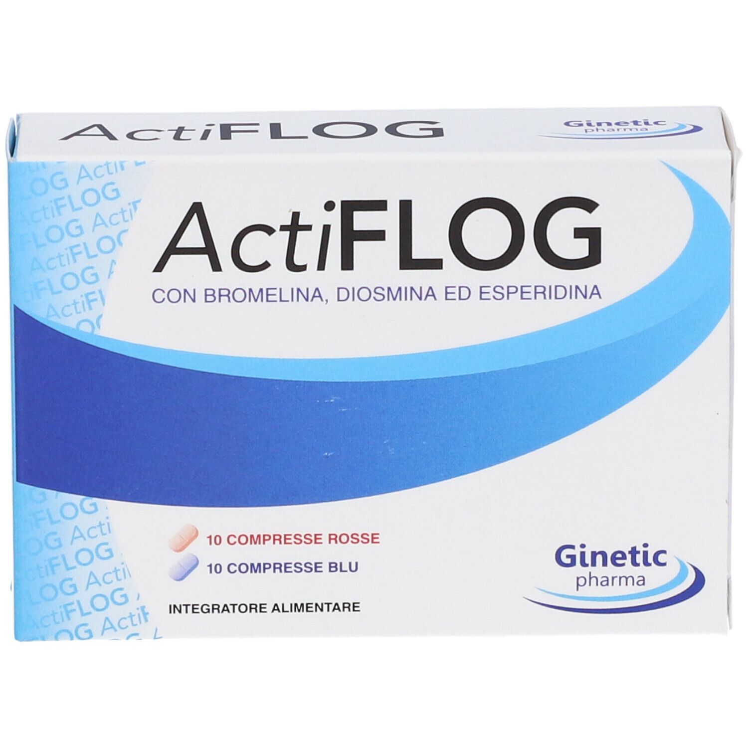 Scatola bianca con grafica blu. Scritta ActiFLOG. Contiene 10 compresse rosse e 10 blu. Logo Ginetec Pharma.