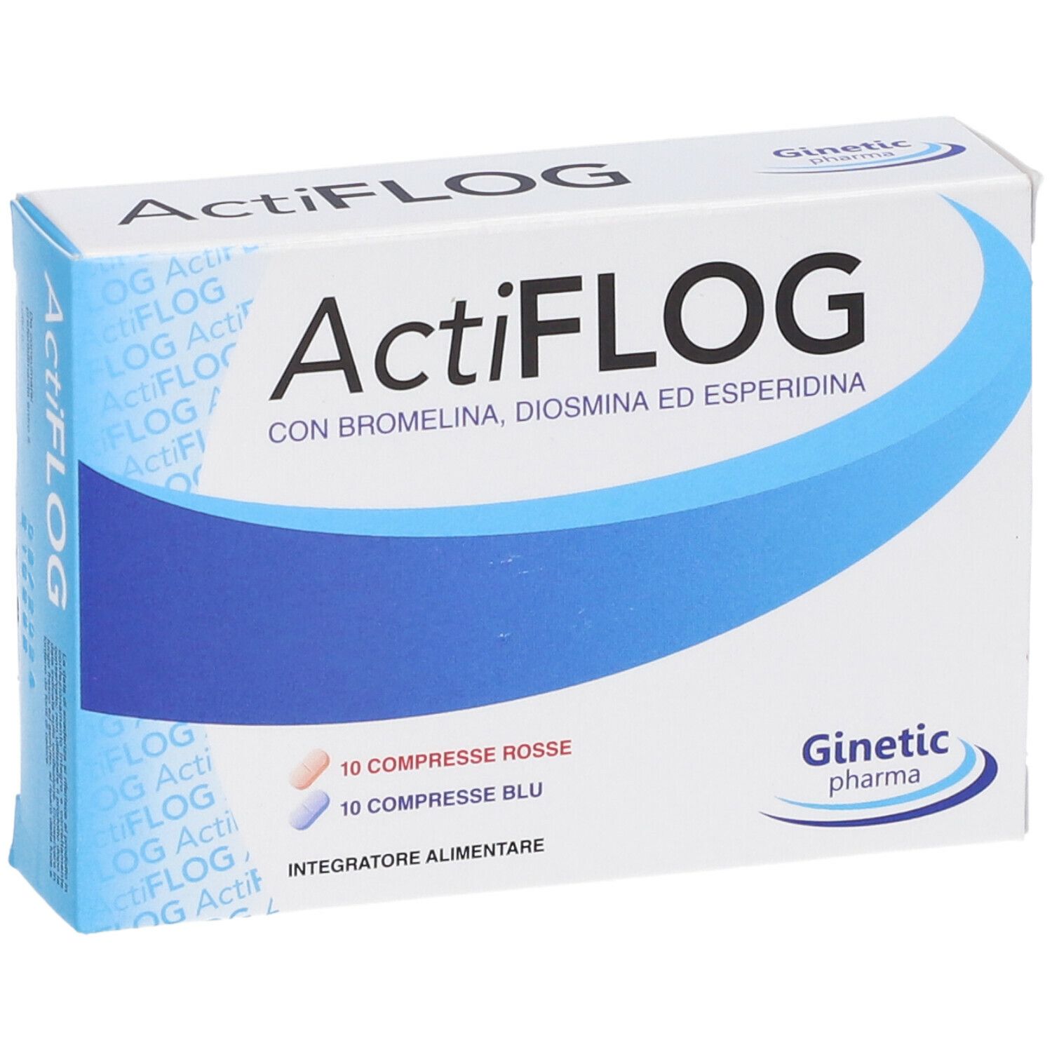 Scatola bianca con grafica blu. Scritta ActiFLOG. Contiene 10 compresse rosse e 10 blu. Logo Ginetec Pharma.