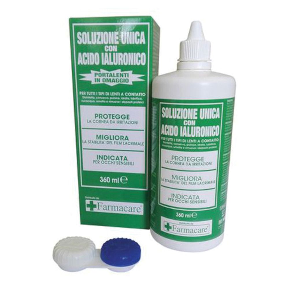 Soluzione unica per lenti a contatto con acido ialuronico, 360 ml, con portalenti.