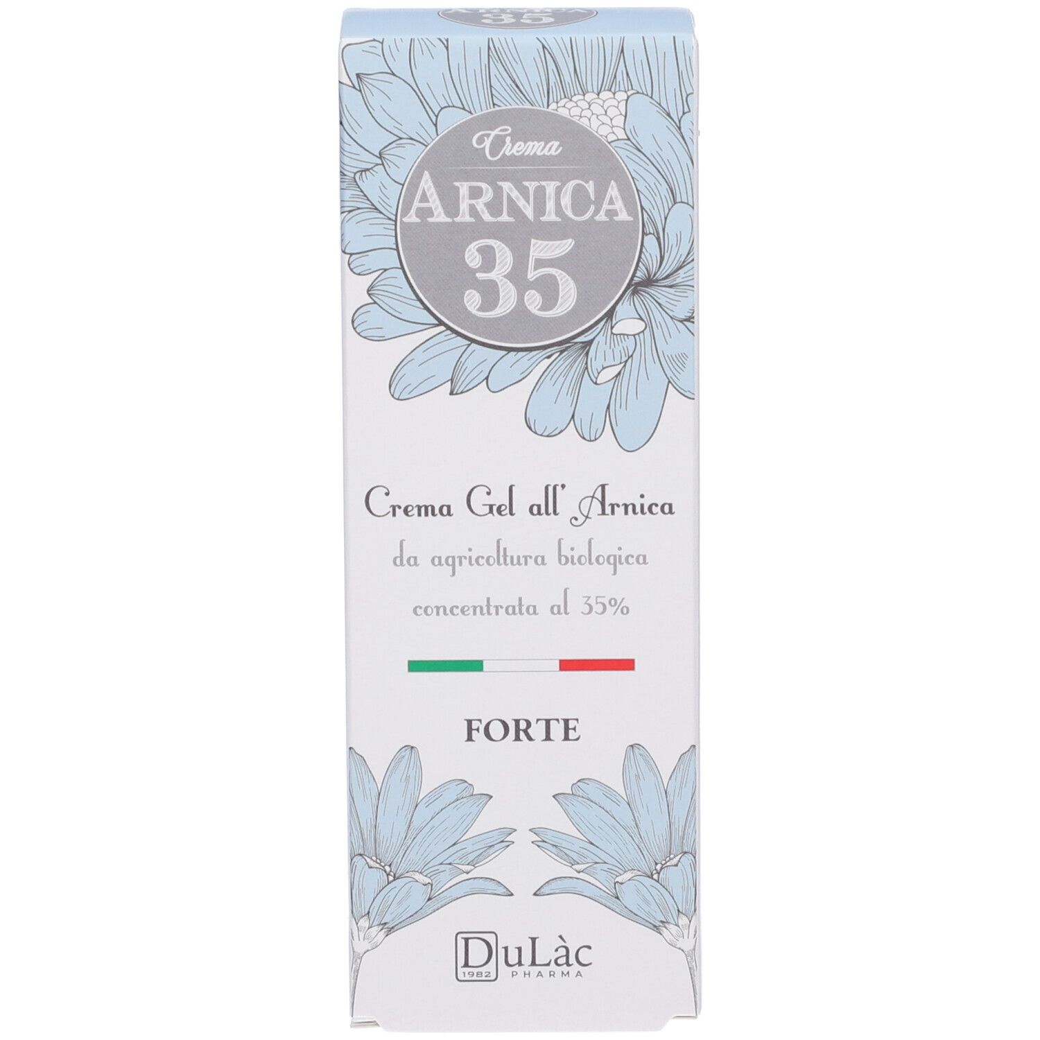 Produktverpackung. Aufschrift: ARNICA 35, Creme Gel all'Arnica. Marke: Dulàc Pharma. Mit italienischer Flagge.
