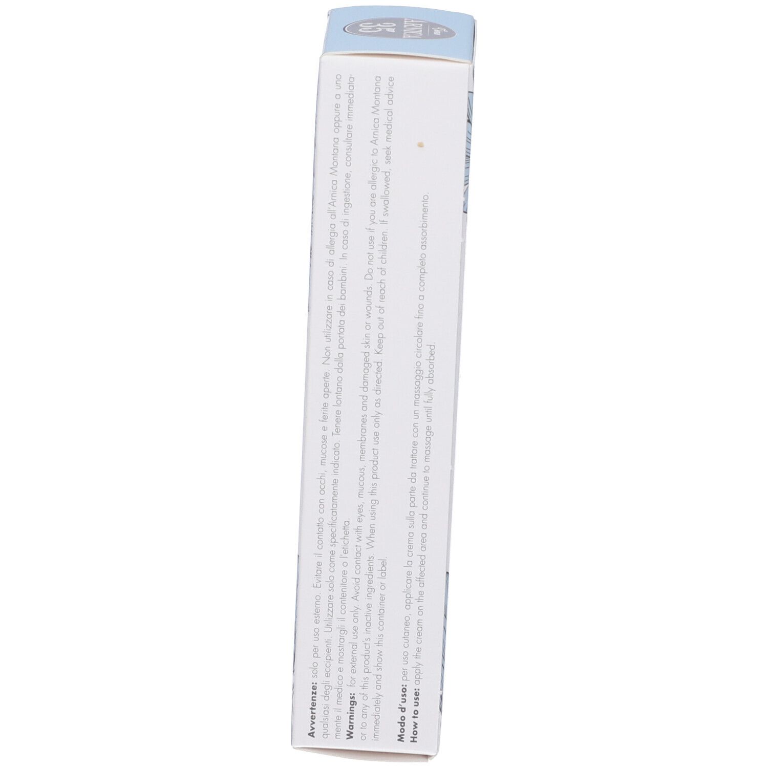 Seitenansicht der Produktverpackung. Text in italienischer Sprache. Warnhinweise und Anwendung.