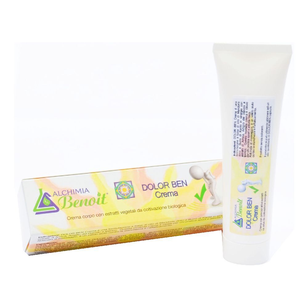 Tubo e scatola di crema. Scritta: Dolor Ben Crema. Marchio: Alchemia Benoit. Design verde e bianco.