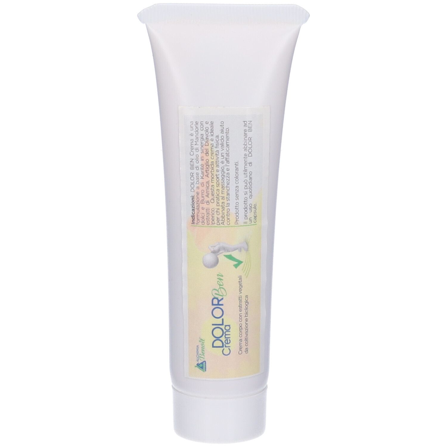 Tubo bianco con scritta Dolor Ben Crema. Etichetta con informazioni sul prodotto. Logo verde.