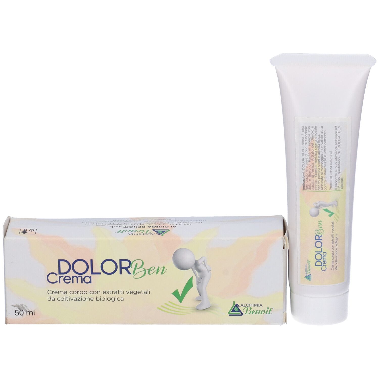 Tubo e scatola di crema. Scritta: Dolor Ben Crema. 50 ml. Marchio: Alchemia Benoit.