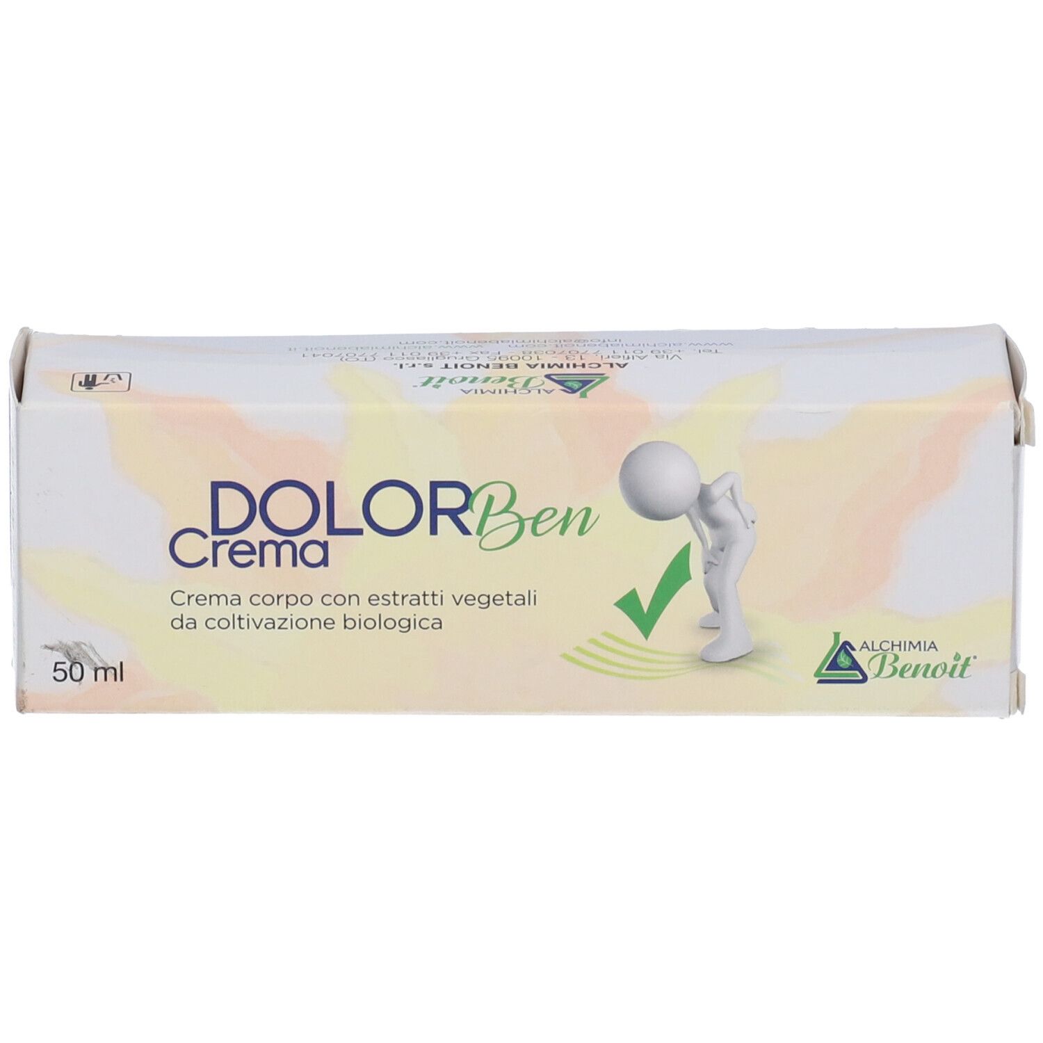 Scatola con scritta Dolor Ben Crema. 50 ml. Marchio: Alchemia Benoit. Logo verde.