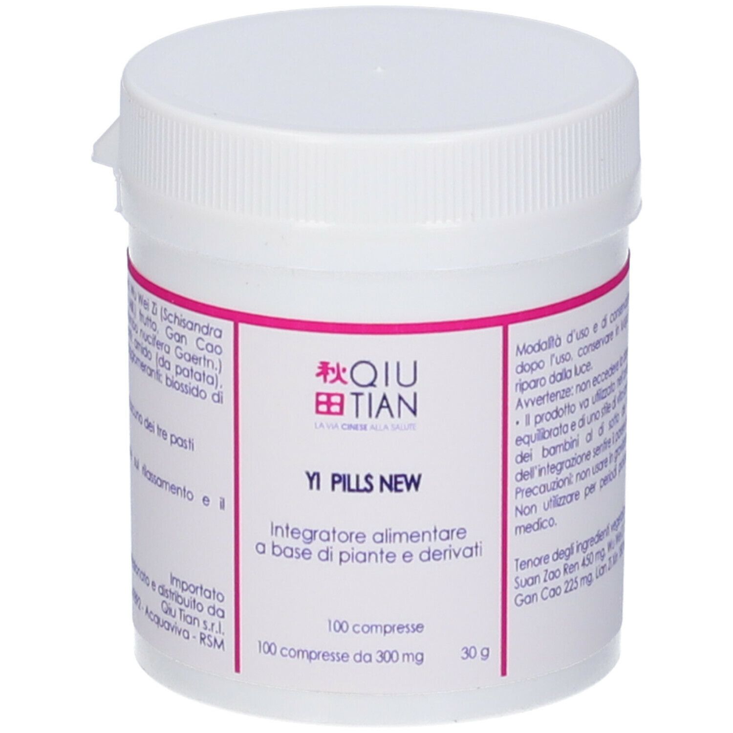 Flacone bianco con scritte rosse. Scritto: QIU TIAN, Yi Pills New. 100 compresse.