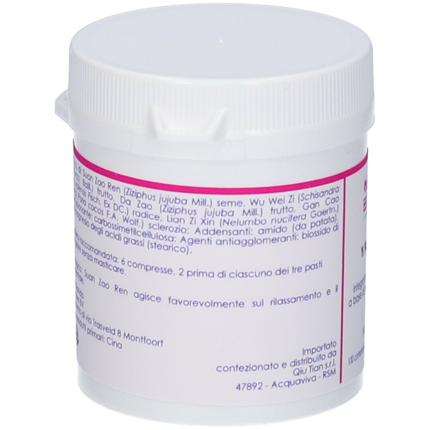 Flacone bianco con scritte rosse. Scritto: QIU TIAN, Yi Pills New. Elenco ingredienti.