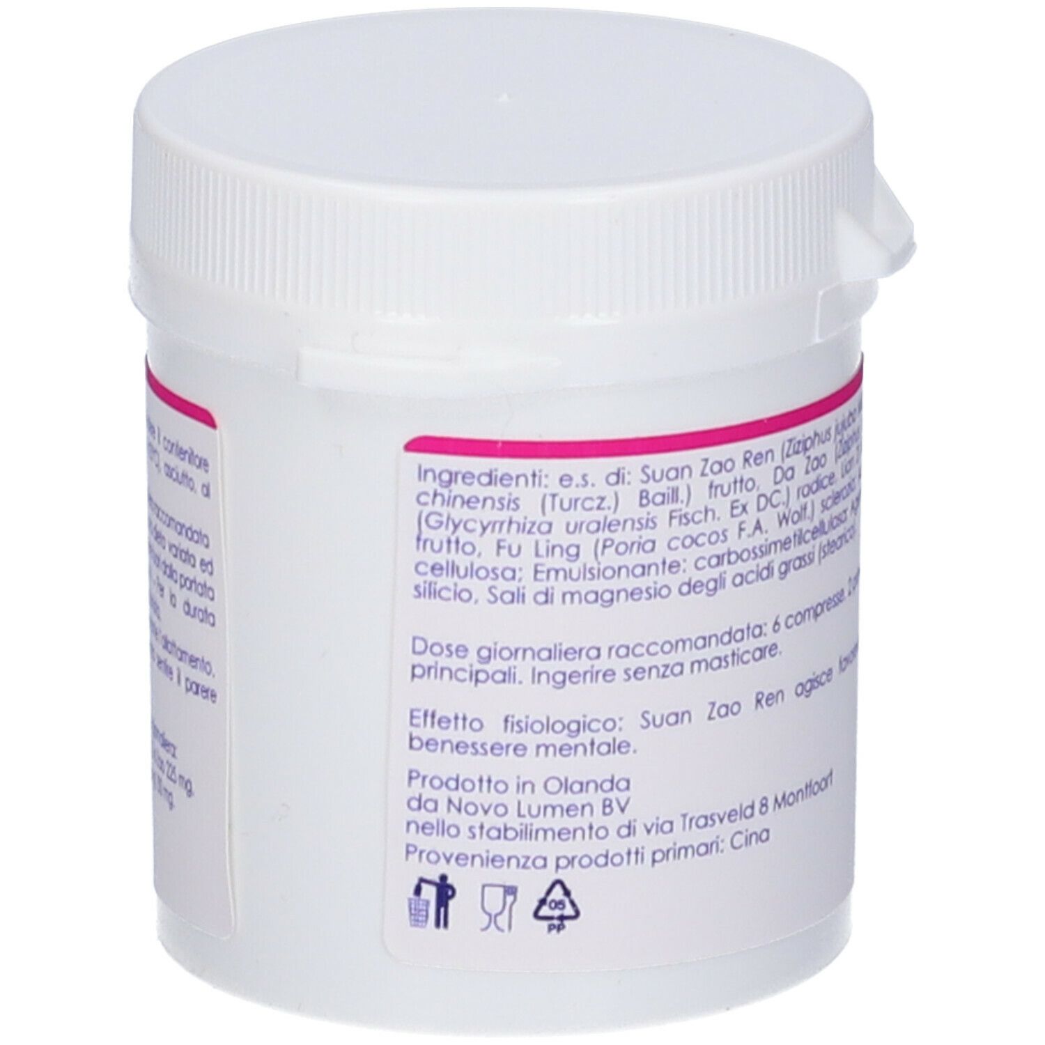 Flacone bianco con scritte rosse. Scritto: QIU TIAN, Yi Pills New. Elenco ingredienti.