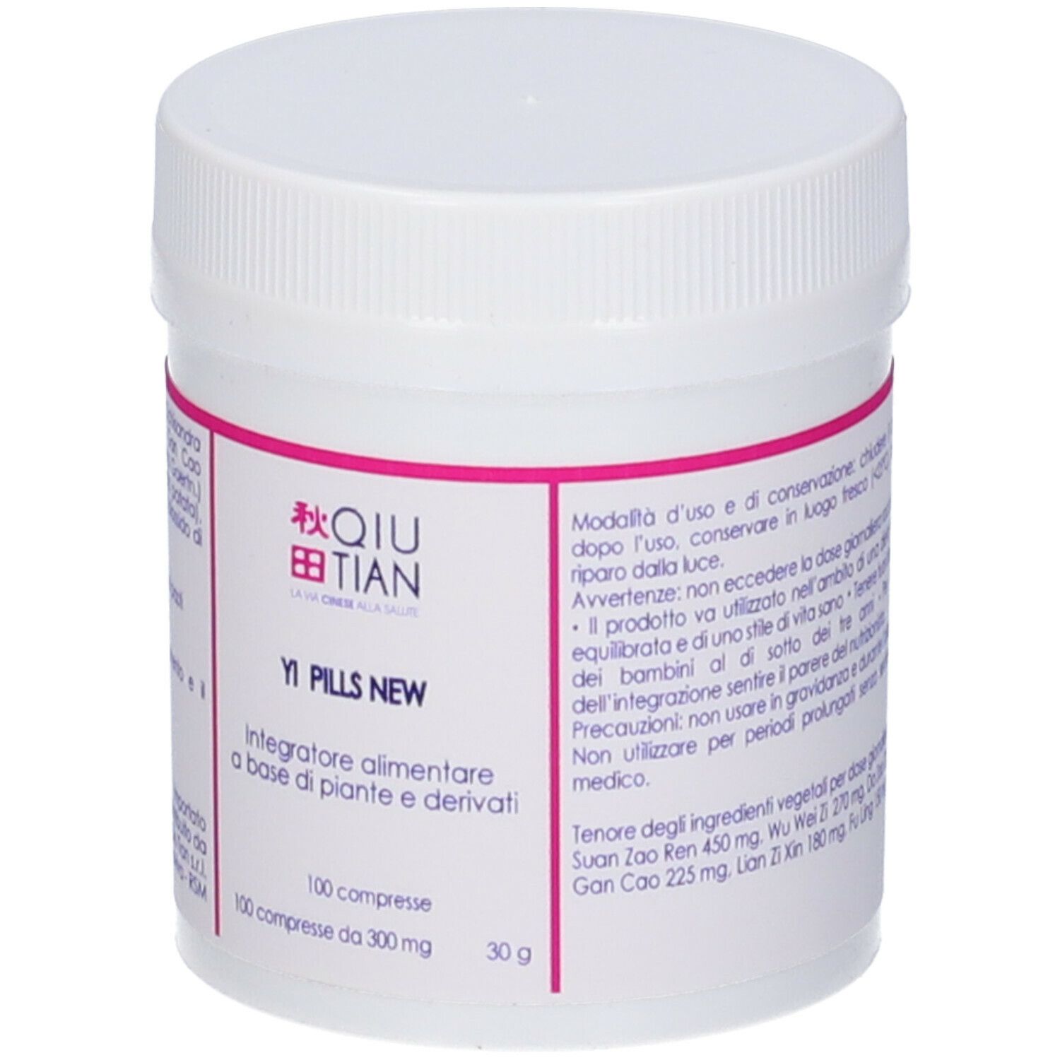 Flacone bianco con scritte rosse. Scritto: QIU TIAN, Yi Pills New. Istruzioni per l'uso.
