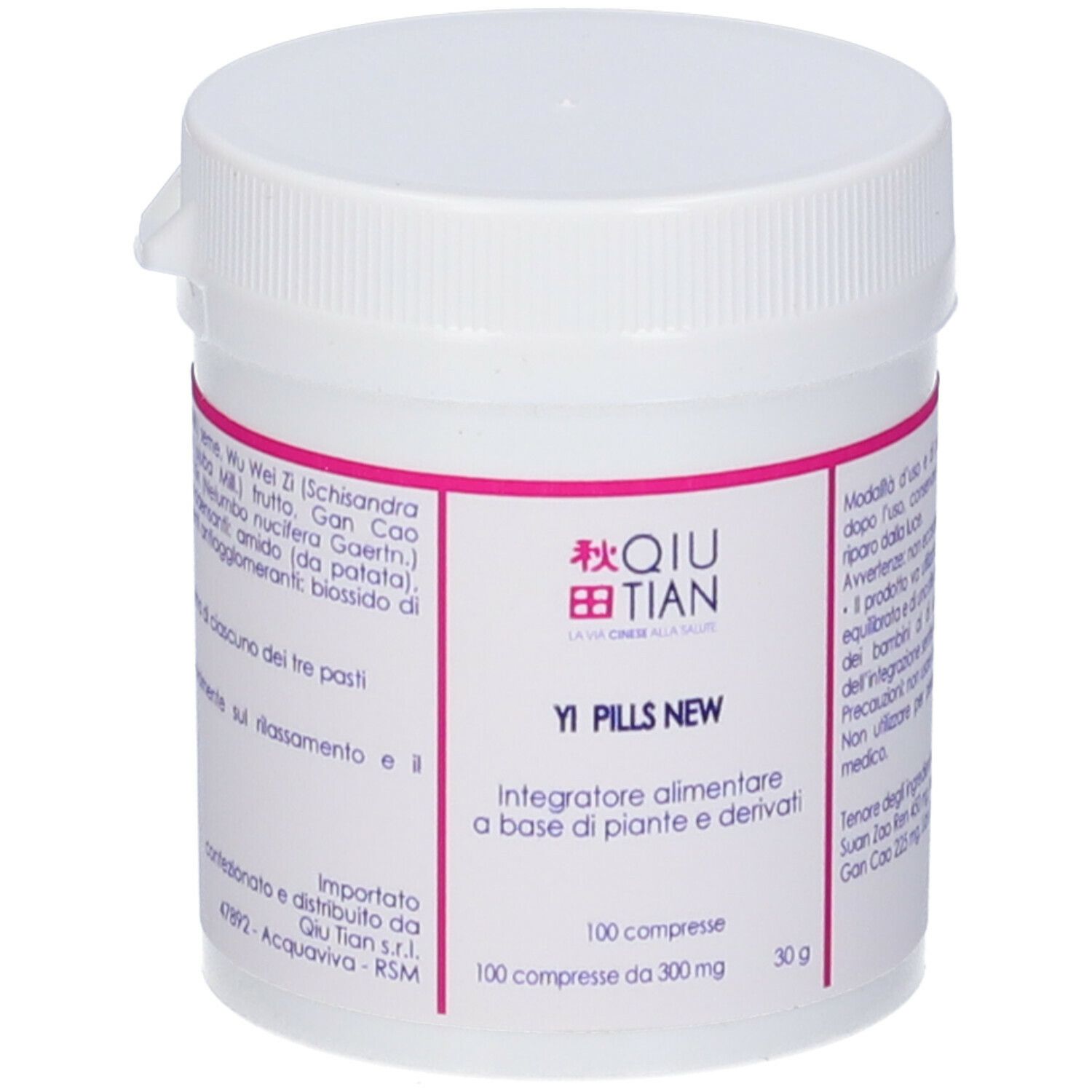 Flacone bianco con scritte rosse. Scritto: QIU TIAN, Yi Pills New. 100 compresse.