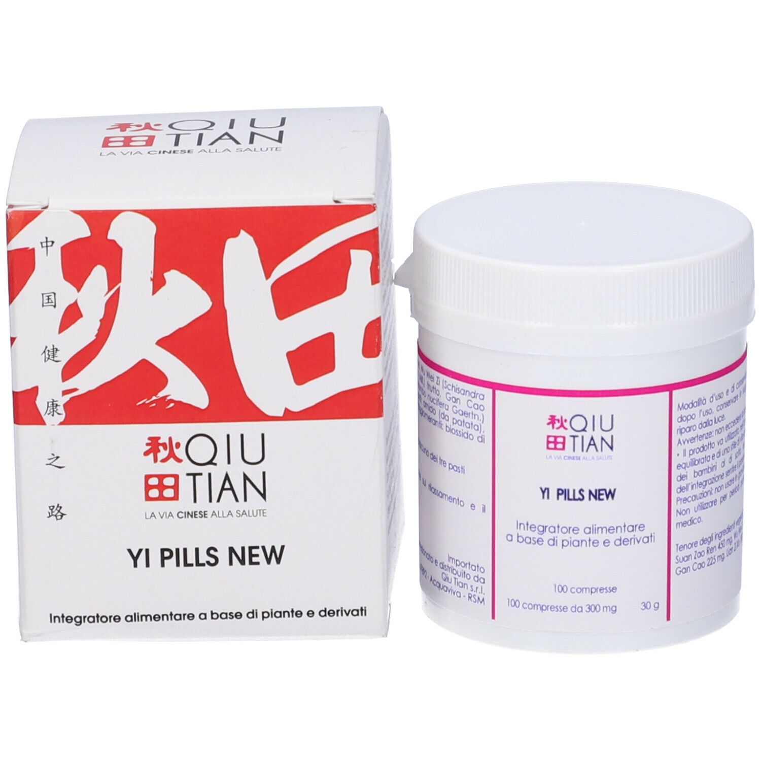 Flacone e scatola bianchi con scritte rosse. Scritto: QIU TIAN, Yi Pills New.
