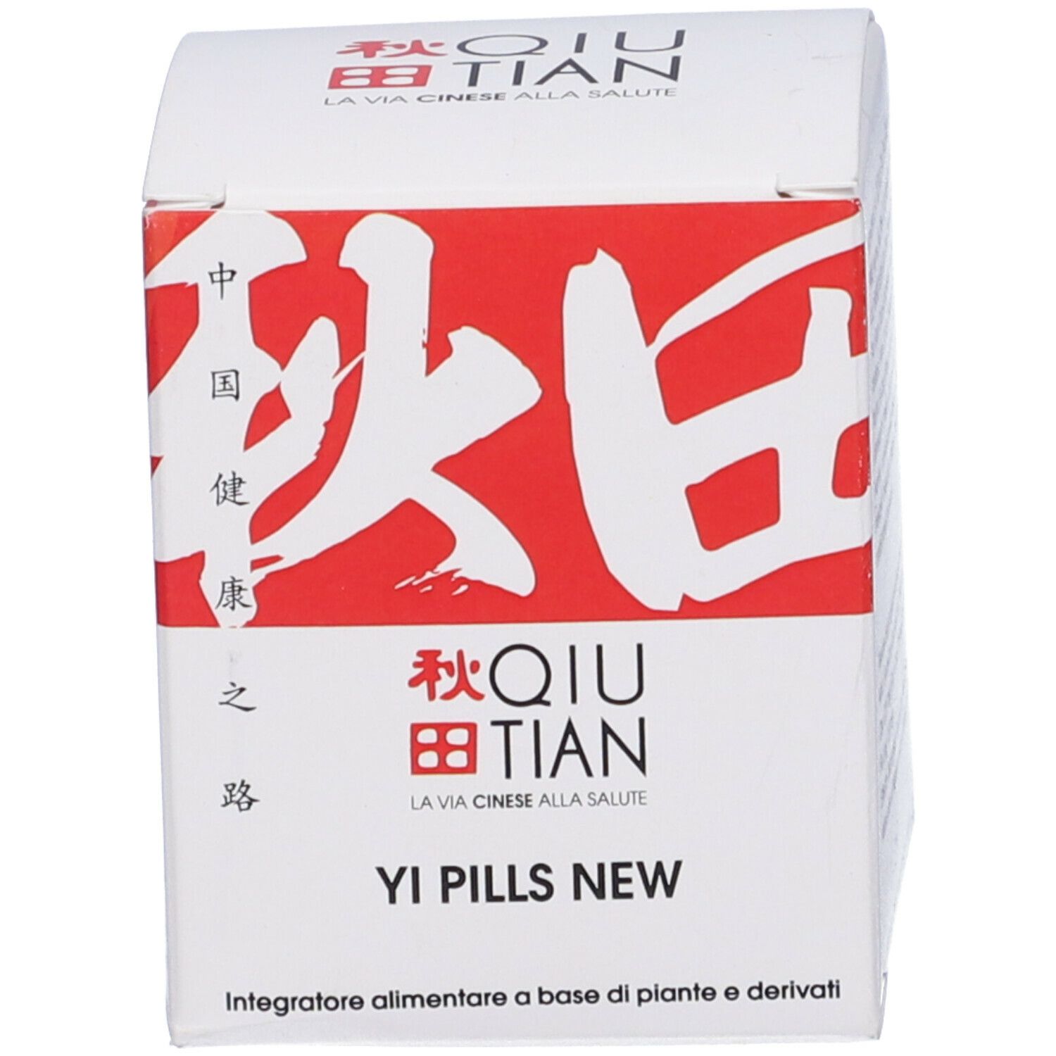 Scatola con scritte rosse. Scritto: QIU TIAN, Yi Pills New.