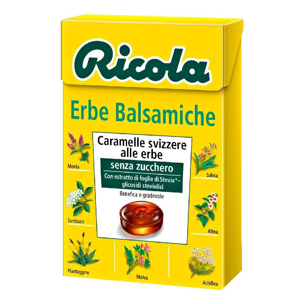 Scatola gialla Ricola. Scritto: Erbe Balsamiche, caramelle alle erbe senza zucchero. Illustrazioni di erbe.