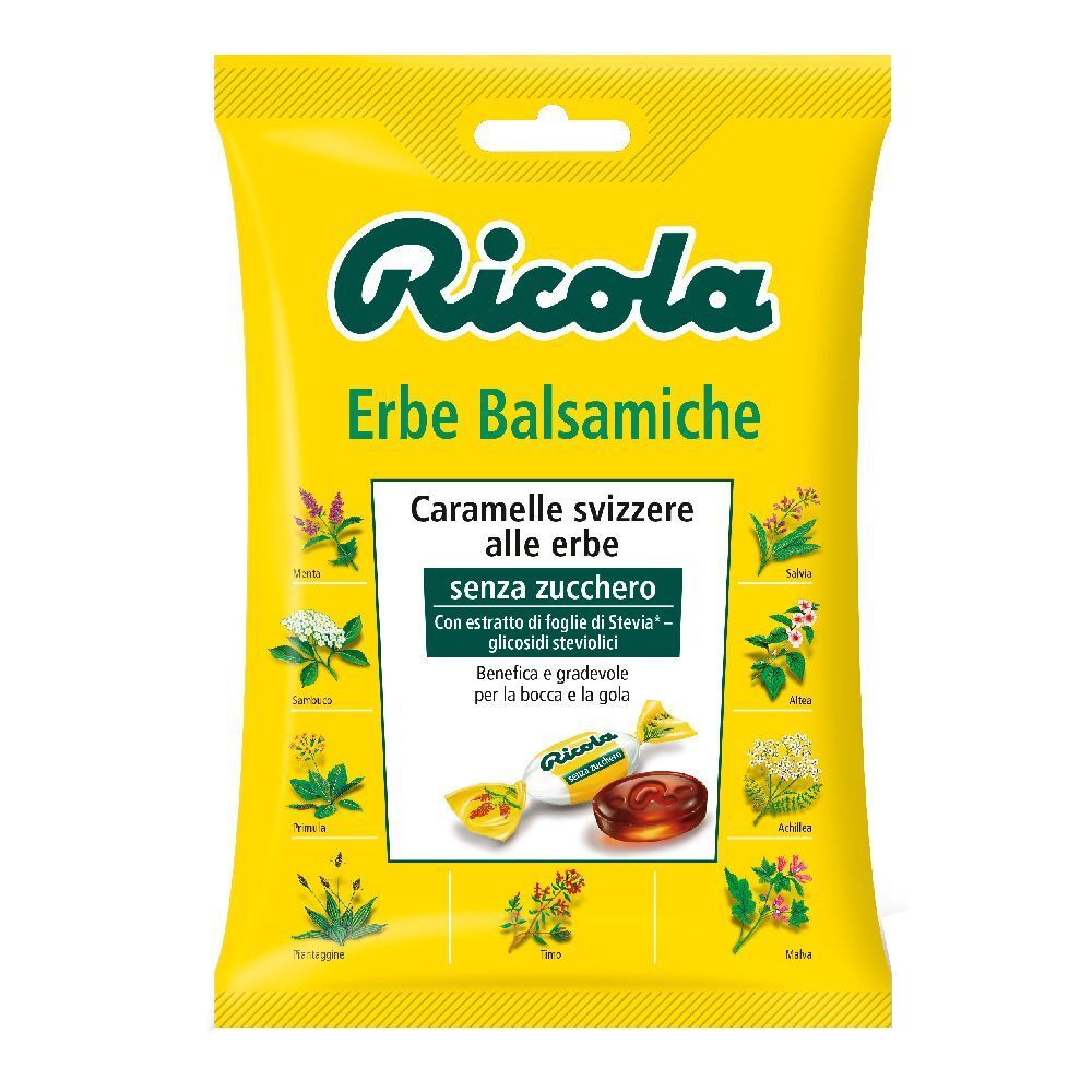 Confezione gialla Ricola. Scritta "Erbe Balsamiche" e "senza zucchero". Illustrazioni di erbe e caramelle. Marchio e dettagli visibili.