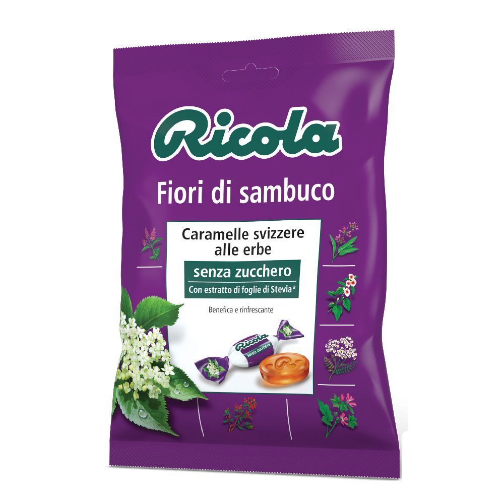 Confezione viola con logo "Ricola" e "Fiori di sambuco". Testo: "Caramelle svizzere alle erbe senza zucchero". Immagine di caramelle.
