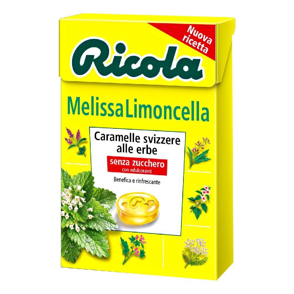 Scatola gialla Ricola Melissa Limoncella. Caramelle svizzere alle erbe senza zucchero. Immagine di erbe e caramella. Nuova ricetta.