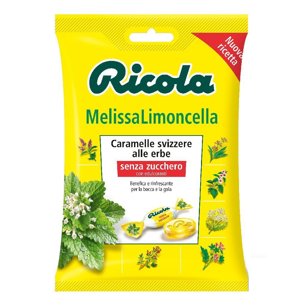 Confezione gialla Ricola. Caramelle svizzere alle erbe senza zucchero. Scritto: Melissa Limoncella. Contiene edulcoranti.