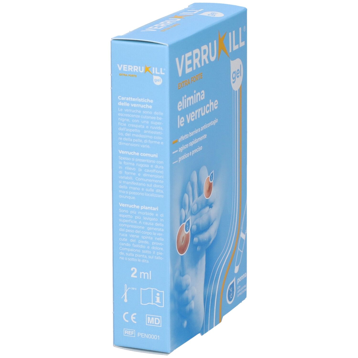 Blaue Verpackung mit Produktnamen und Text in italienischer Sprache. Zeigt eine Illustration eines Fußes und eine Stift-Applikator.
