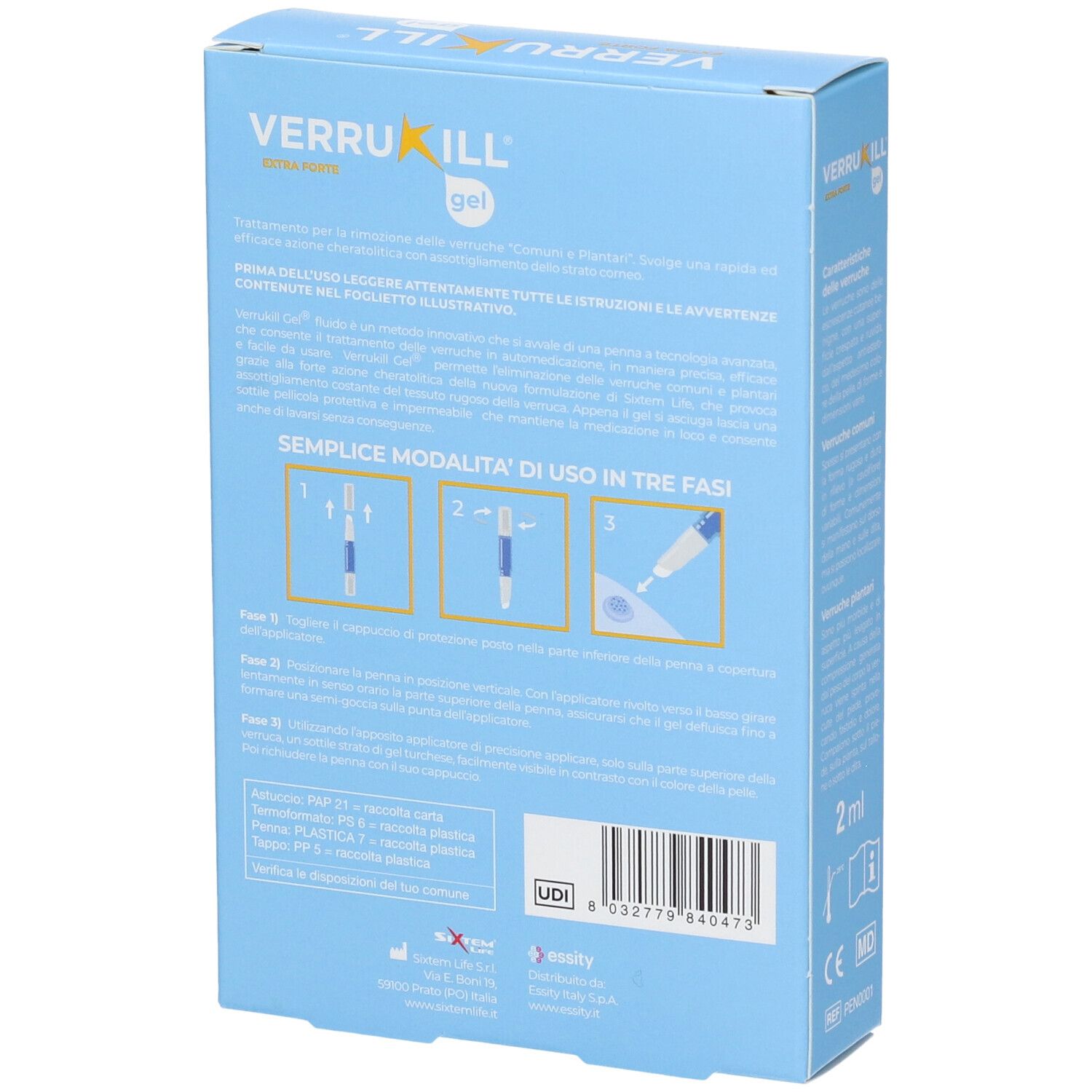 Rückseite der blauen Verpackung mit Text und Illustrationen in italienischer Sprache. Zeigt Anweisungen zur Anwendung.